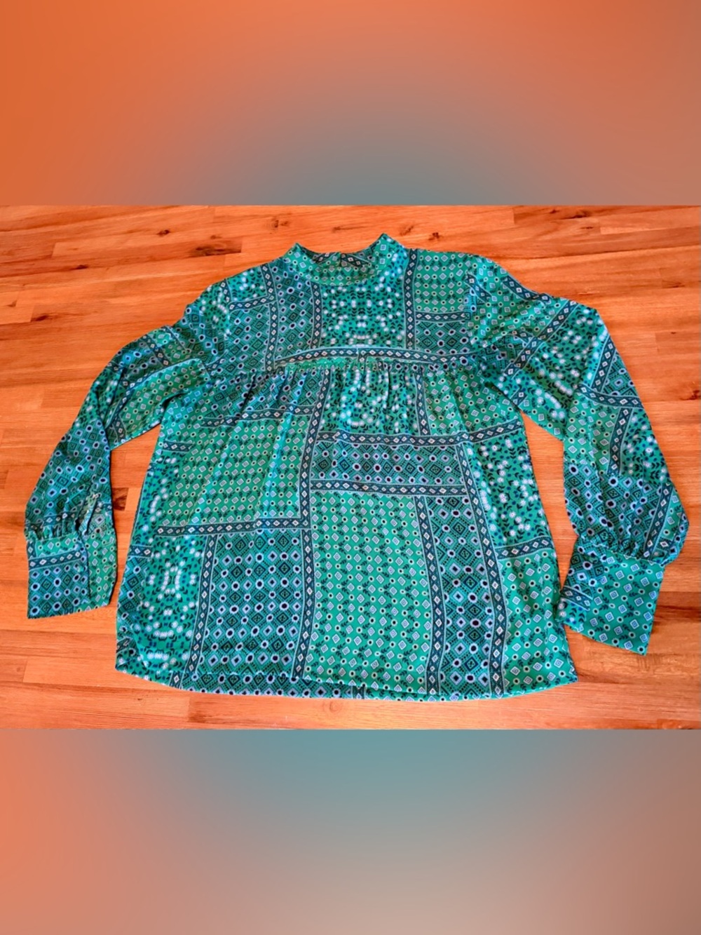LOFT Green & Blue Patchwork Tile Print Babydoll Blouse - Size S